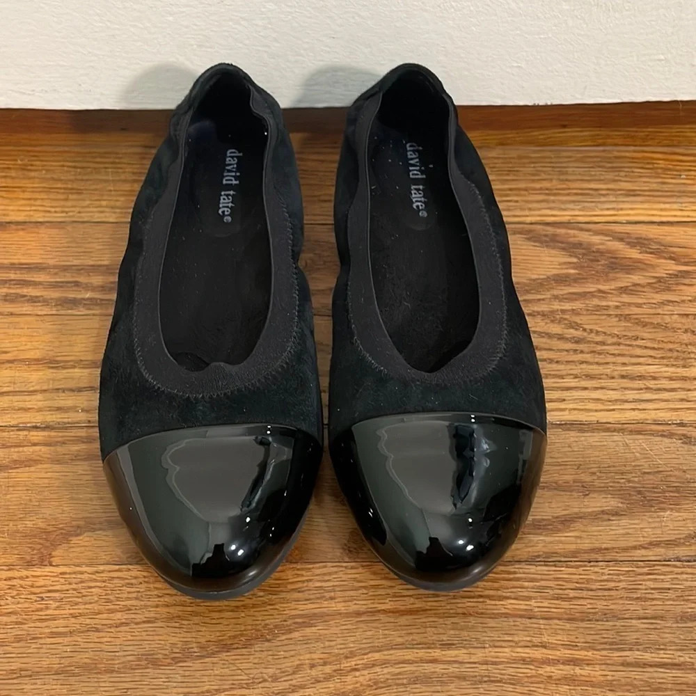 NWOB David Tate Nicole Cap Toe‎ Flat Black Suede Patient Leather size 5.5M